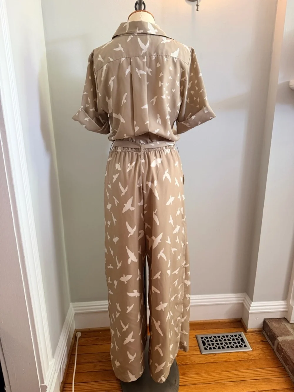 Corey Lynn Calter for Anthropologie Beige Bird-Print Tie-Waist Jumpsuit - Picture 6 of 9